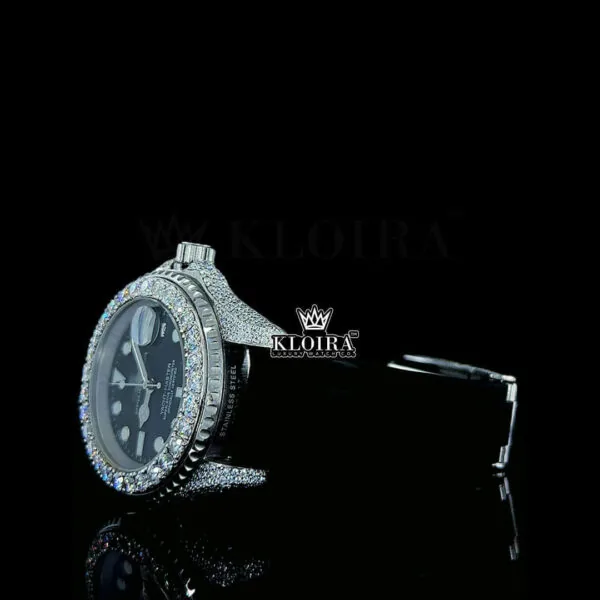 Round Markers Black Dial Rubber Strap Semi Iced Out Moissanite Watch Left Profile View