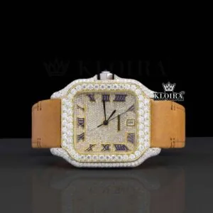 Semi Iced Out Roman Numerals Brown Leather Strap Moissanite Diamond Watch