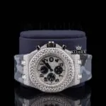Semi Iced Out White Dial Standard Numerals Chronograph Moissanite Watch Close Up Front View
