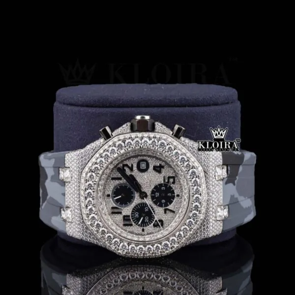 Semi Iced Out White Dial Standard Numerals Chronograph Moissanite Watch Close Up Front View