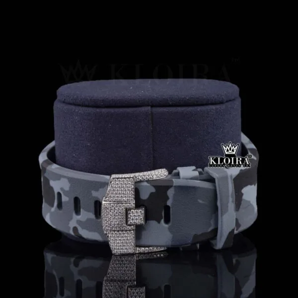 Semi Iced Out White Dial Standard Numerals Chronograph Moissanite Watch Close Up Strap View
