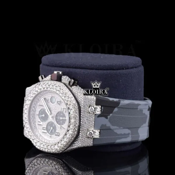 Semi Iced Out White Dial Standard Numerals Chronograph Moissanite Watch Left Profile View