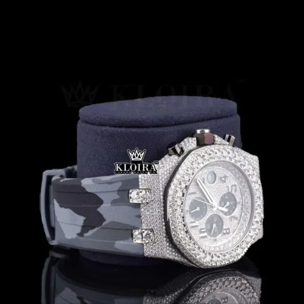 Semi Iced Out White Dial Standard Numerals Chronograph Moissanite Watch Right Profile View