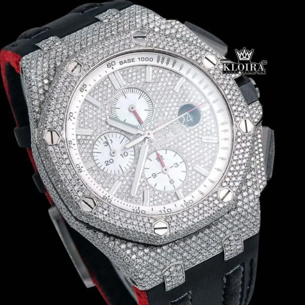 Silver Iced Out Chronograph Black Leather Strap Moissanite Diamond Watch Close Up Dial View