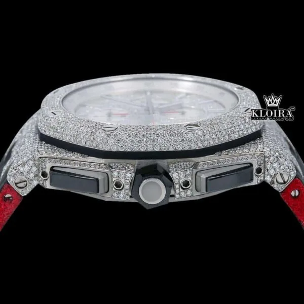Silver Iced Out Chronograph Black Leather Strap Moissanite Diamond Watch Crown View
