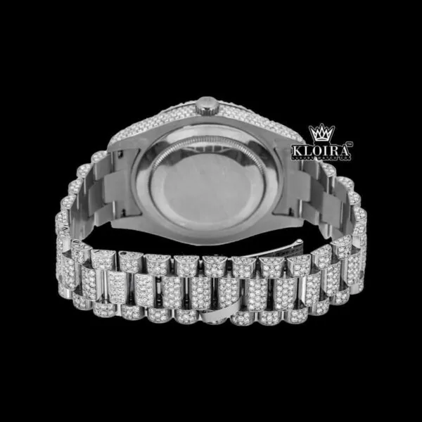 Silver Roman Numerals Black Dial Iced Out Moissanite Diamond Watch Caseback View