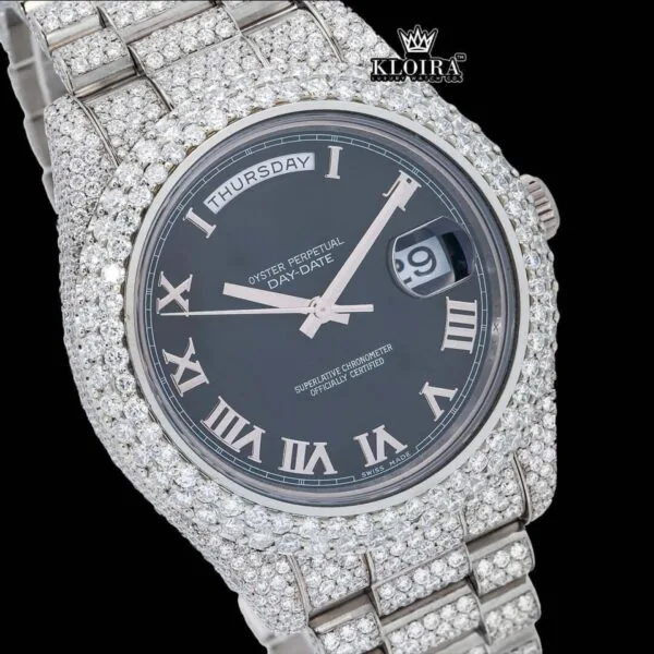 Silver Roman Numerals Black Dial Iced Out Moissanite Diamond Watch Close Up Dial View