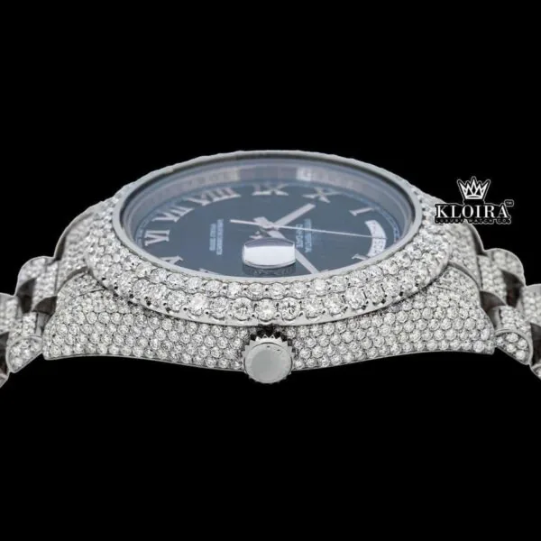Silver Roman Numerals Black Dial Iced Out Moissanite Diamond Watch Crown View