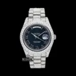 Silver Roman Numerals Black Dial Iced Out Moissanite Diamond Watch