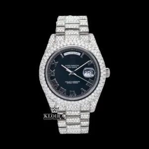 Silver Roman Numerals Black Dial Iced Out Moissanite Diamond Watch