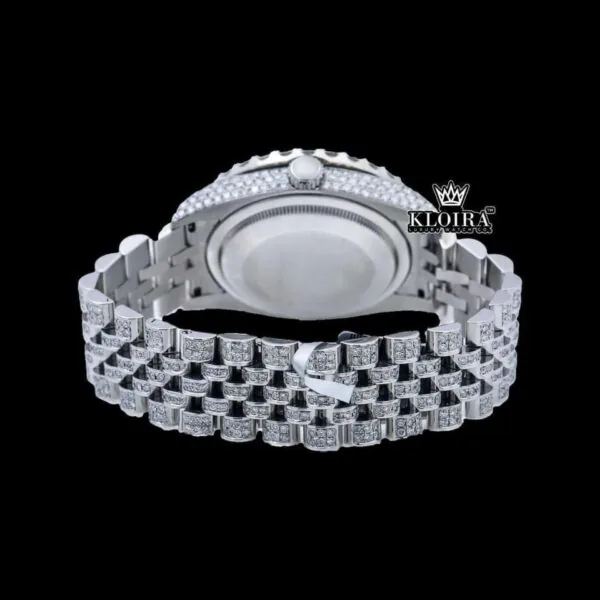 Silver Roman Numerals Black Pearl Dial Moissanite Diamond Watch Caseback View