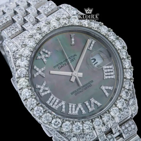 Silver Roman Numerals Black Pearl Dial Moissanite Diamond Watch Close Up Dial View
