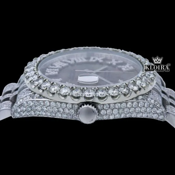 Silver Roman Numerals Black Pearl Dial Moissanite Diamond Watch Crown View
