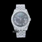 Silver Roman Numerals Black Pearl Dial Moissanite Diamond Watch