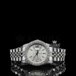 White Gold Diamond Link Strap Stick Markers Dial Moissanite Watch