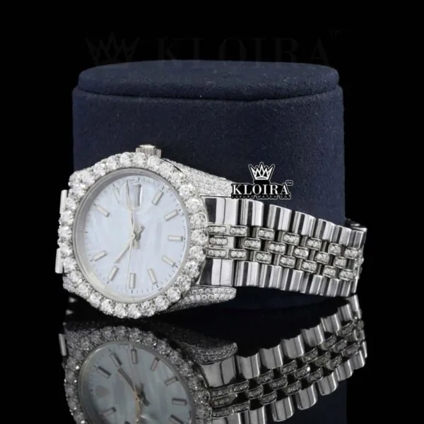 Silver shade Moissanite Diamond Watch 14K Gold VVS 22 Carat 42mm Left Profile View