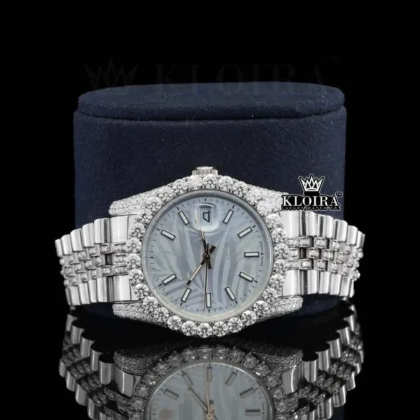Silver shade Moissanite Diamond Watch 14K Gold VVS 22 Carat 42mm Right Close Up Front View