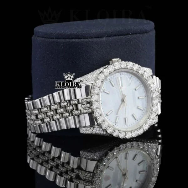 Silver shade Moissanite Diamond Watch 14K Gold VVS 22 Carat 42mm Right Profile View