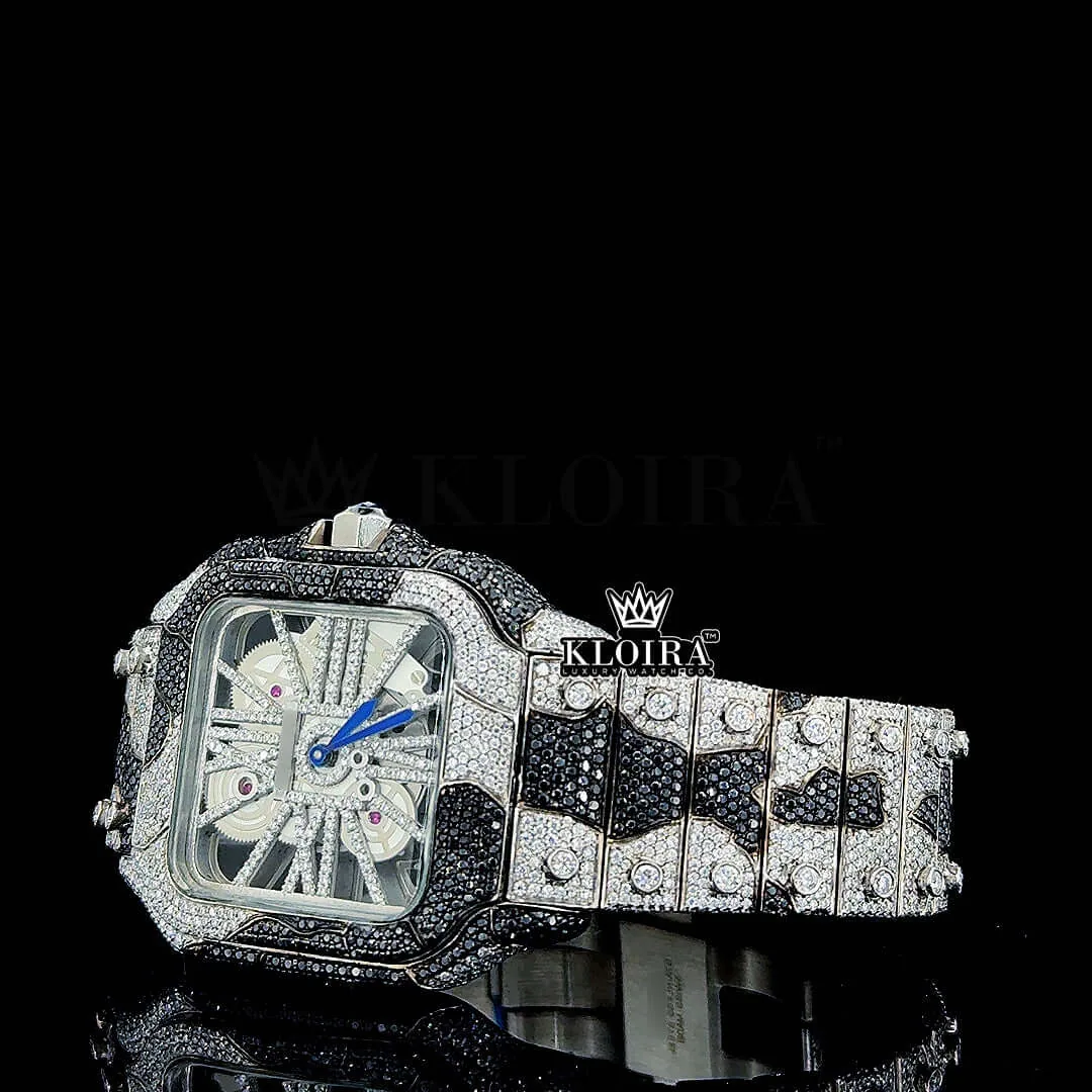 Skeleton Dial Black Camo Fully Iced Out Moissanite Diamond Watch Left Profile View