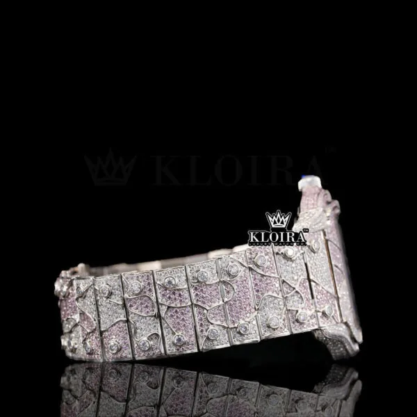 Skeleton Dial Pink Camouflage Iced Out Strap Natural Diamond Watch Right Side View