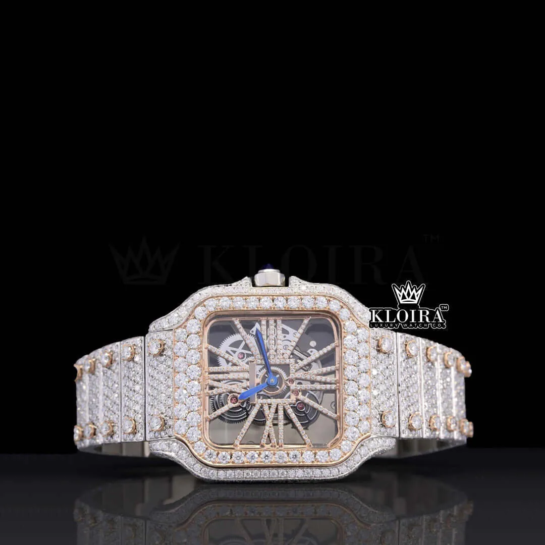 Skeleton Dial Two Tone Rose Gold Moissanite Diamond Watch Front View