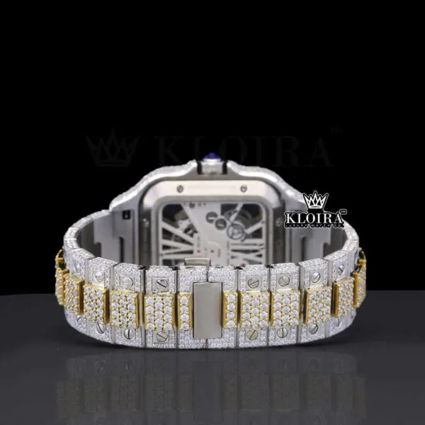 Skeleton Dial Two Tone Yellow Gold Block Link Strap Lab-Grown Diamond Watch Caseback View