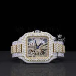 Skeleton Dial Two Tone Yellow Gold Block Link Strap Lab-Grown Diamond Watch