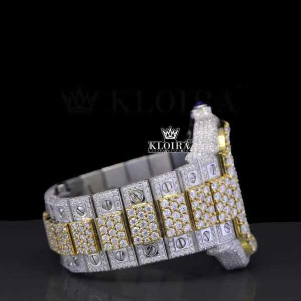 Skeleton Dial Two Tone Yellow Gold Block Link Strap Lab-Grown Diamond Watch Right Side View