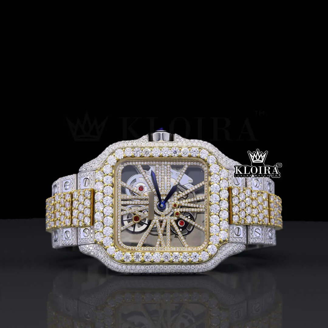 Skeleton Dial Two Tone Yellow Gold Diamond Block Link Strap Moissanite Watch Front View
