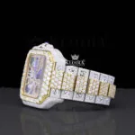Skeleton Dial Two Tone Yellow Gold Diamond Block Link Strap Moissanite Watch Left Profile View