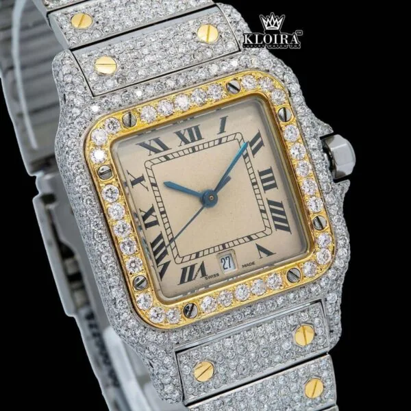 Square Dial Black Roman Numerals Two Tone Moissanite Watch Close Up Dial View