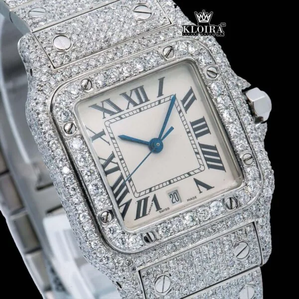 Square Roman Dial Fully Iced Out Moissanite Dial Watch Close Up Dial View
