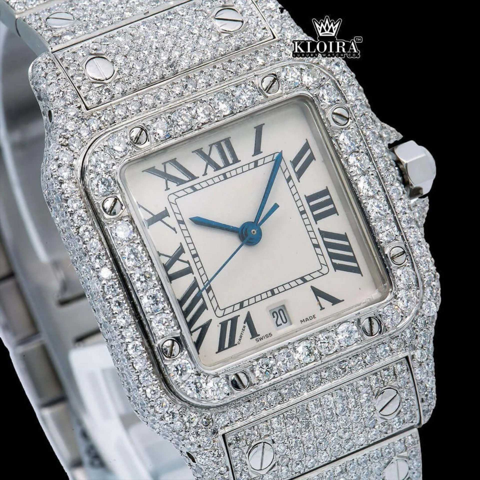 Square Roman Dial Fully Iced Out Moissanite Dial Watch Close Up Dial View