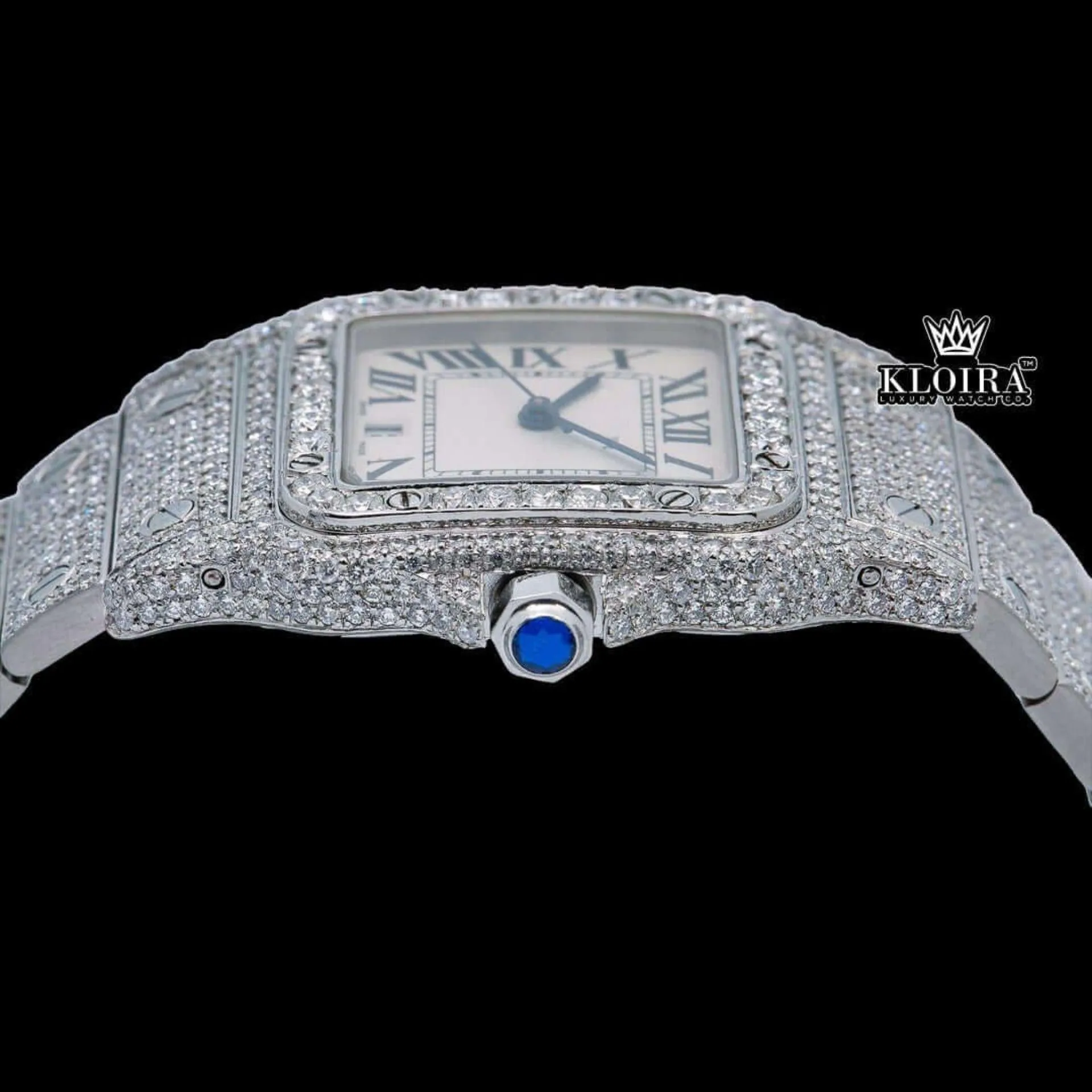 Square Roman Dial Fully Iced Out Moissanite Dial Watch Crown View