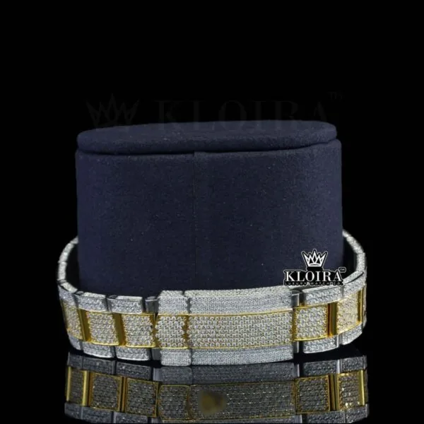 Standard Numerals Blue Dial Date Display Two Tone Iced Out Moissanite Watch Bracelet View
