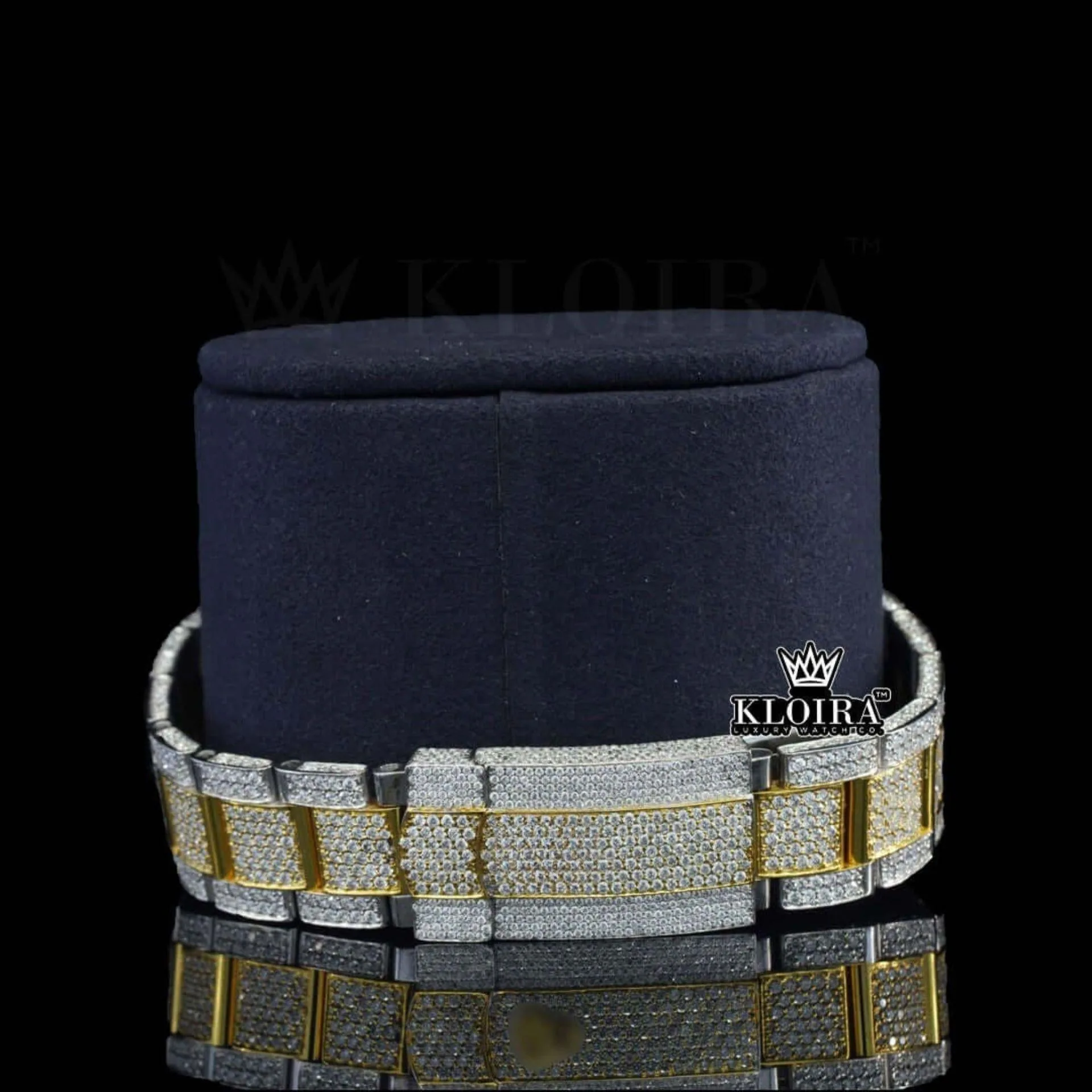 Standard Numerals Blue Dial Date Display Two Tone Iced Out Moissanite Watch Bracelet View