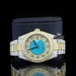 Standard Numerals Blue Dial Date Display Two Tone Iced Out Moissanite Watch Close Up Front View