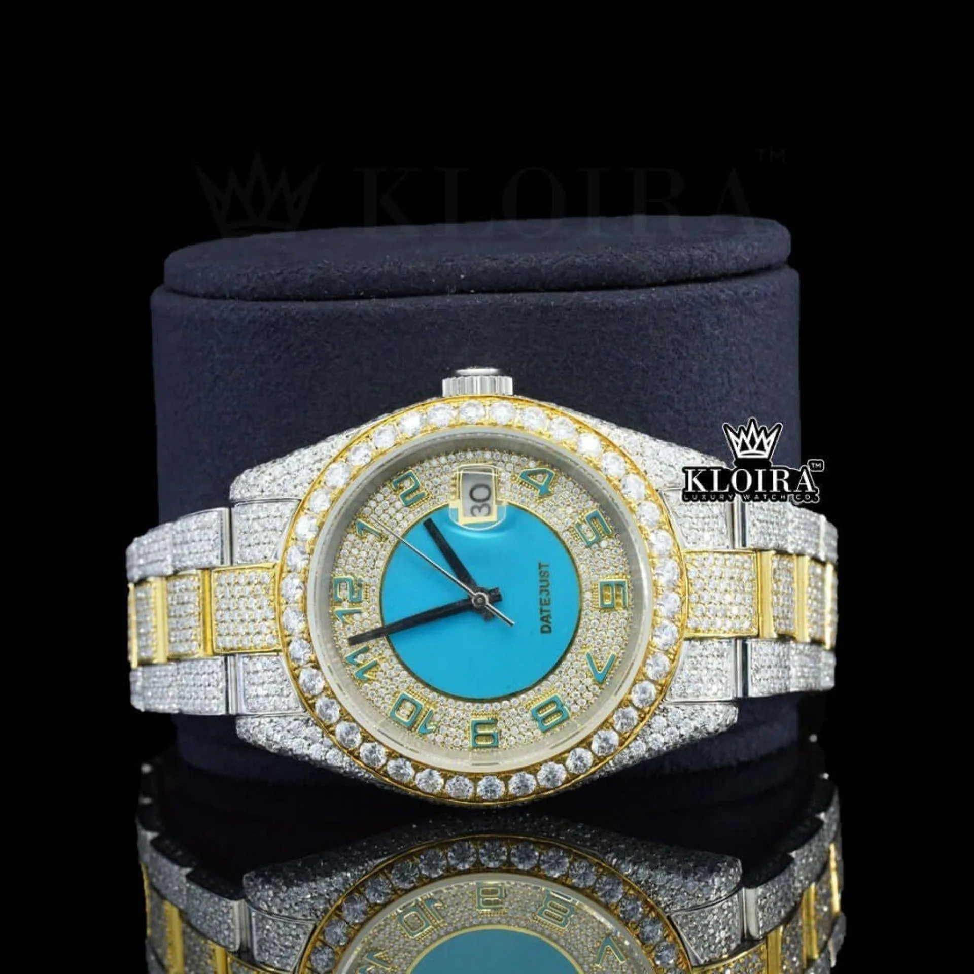 Standard Numerals Blue Dial Date Display Two Tone Iced Out Moissanite Watch Close Up Front View