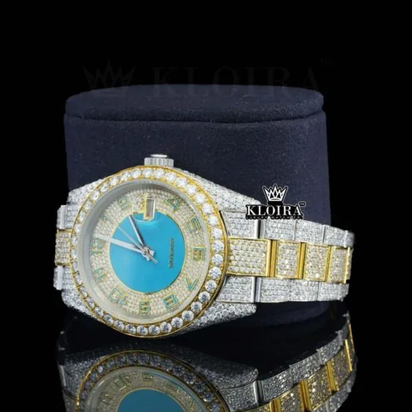 Standard Numerals Blue Dial Date Display Two Tone Iced Out Moissanite Watch Left Profile View