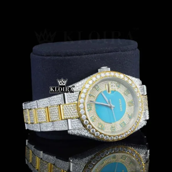 Standard Numerals Blue Dial Date Display Two Tone Iced Out Moissanite Watch Right Profile View