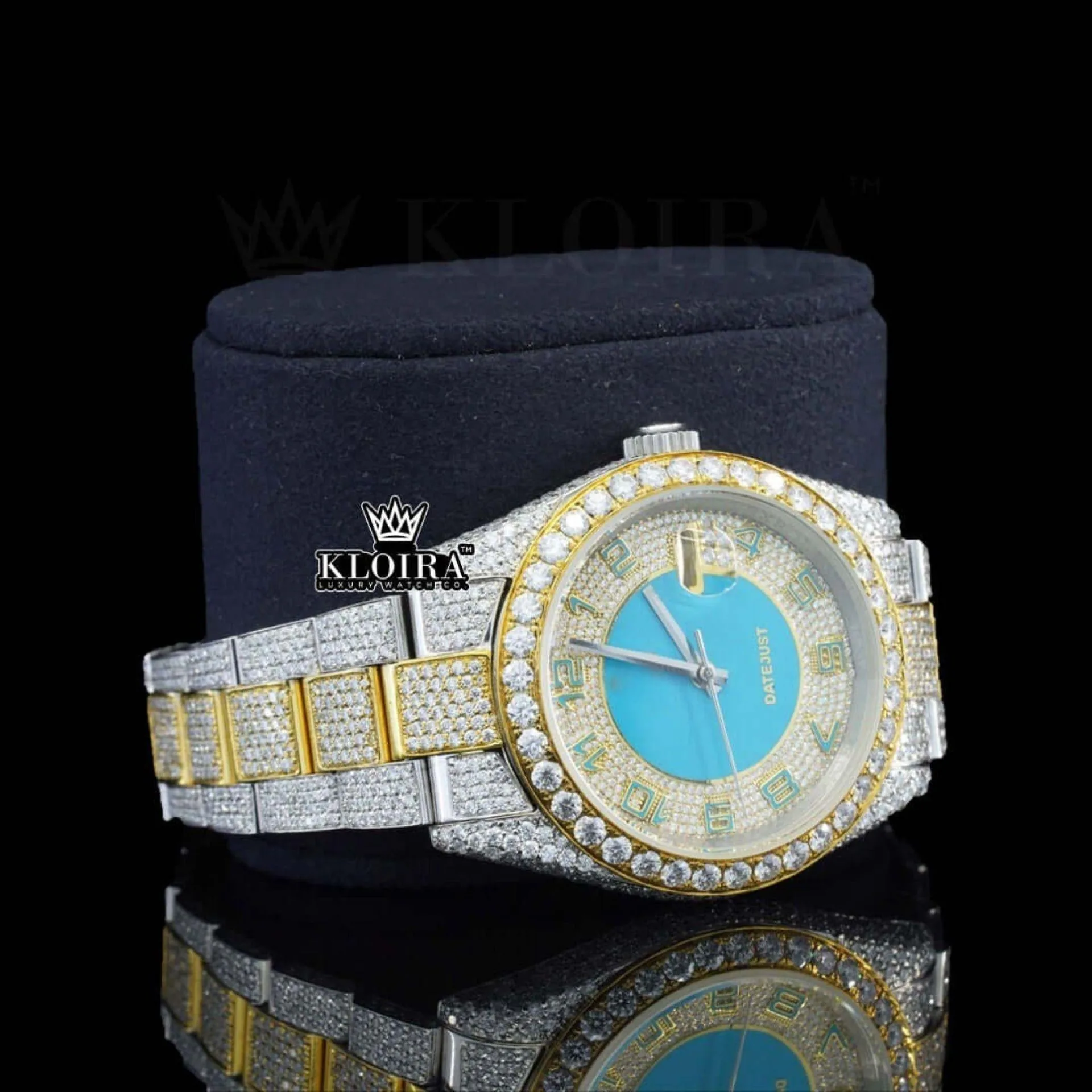 Standard Numerals Blue Dial Date Display Two Tone Iced Out Moissanite Watch Right Profile View