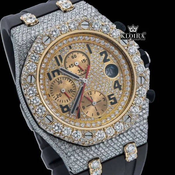 Standard Numerals Chronograph Dial Semi Iced Out Rubber Strap Moissanite Watch Close Up Dial View
