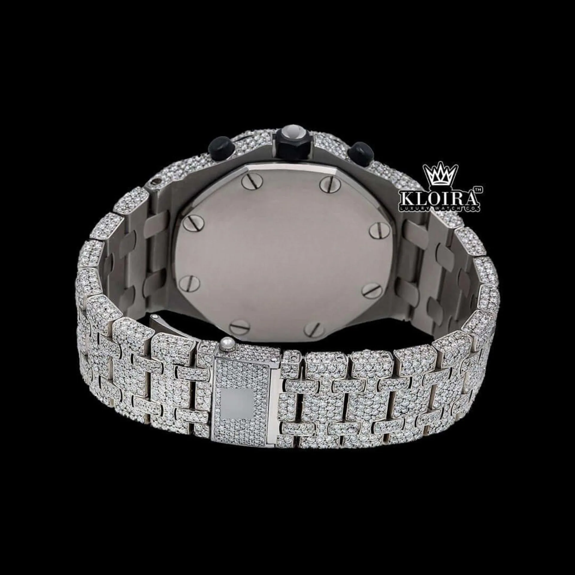 Standard Numerals Silver Chronograph Iced Out Moissanite Diamond Watch Caseback View