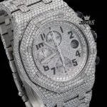 Standard Numerals Silver Chronograph Iced Out Moissanite Diamond Watch Close Up Dial View