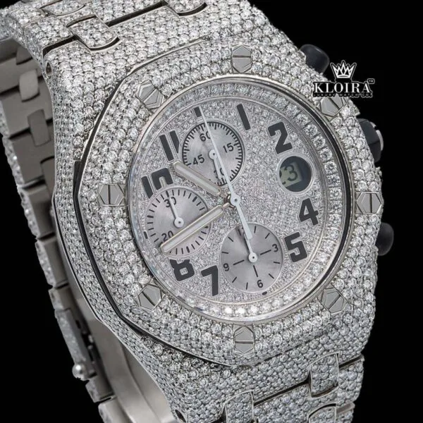 Standard Numerals Silver Chronograph Iced Out Moissanite Diamond Watch Close Up Dial View