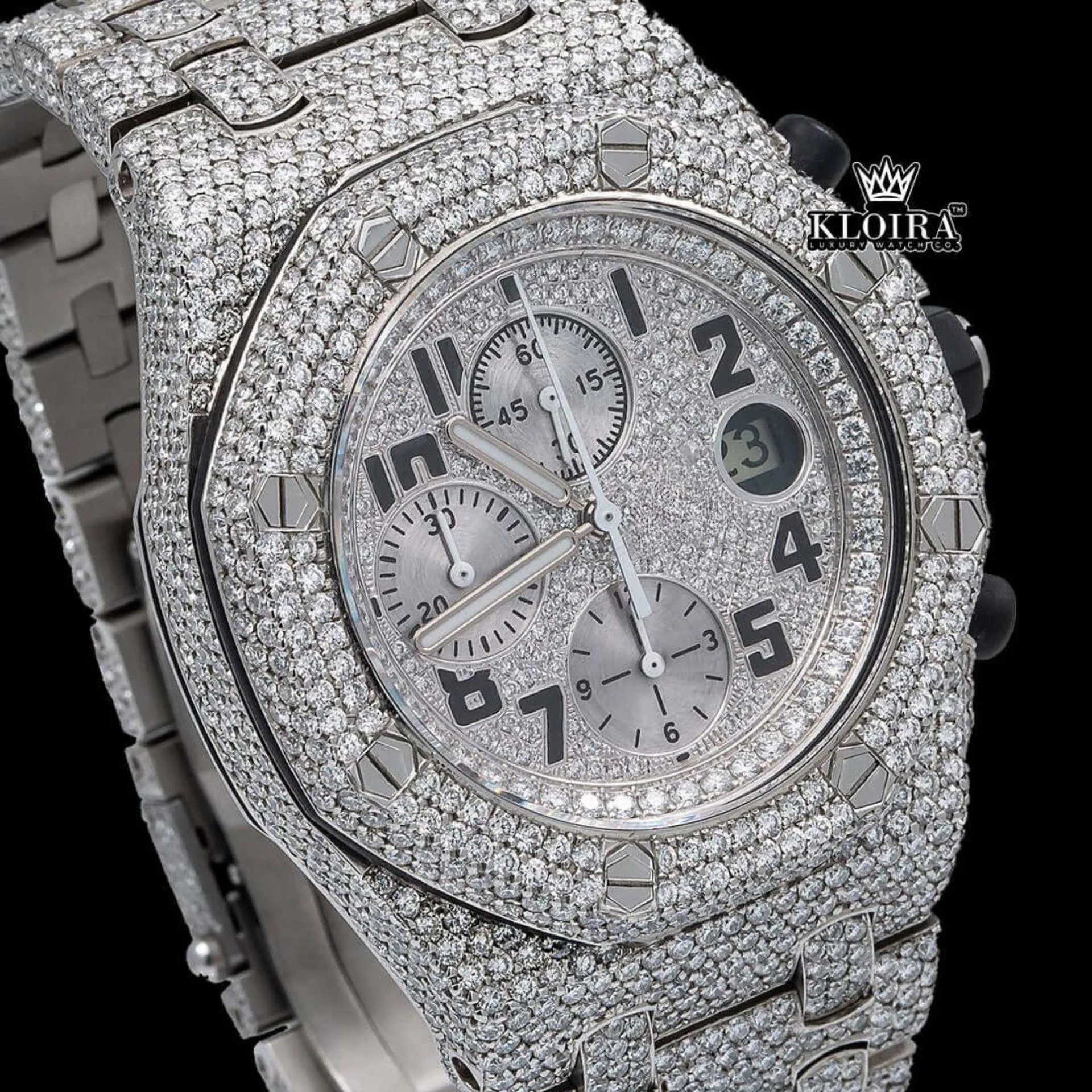 Standard Numerals Silver Chronograph Iced Out Moissanite Diamond Watch Close Up Dial View