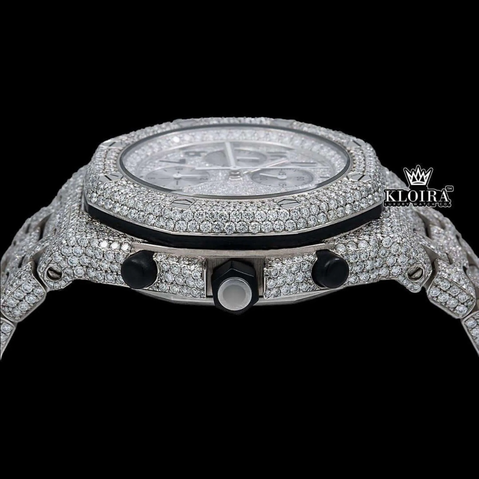 Standard Numerals Silver Chronograph Iced Out Moissanite Diamond Watch Crown View