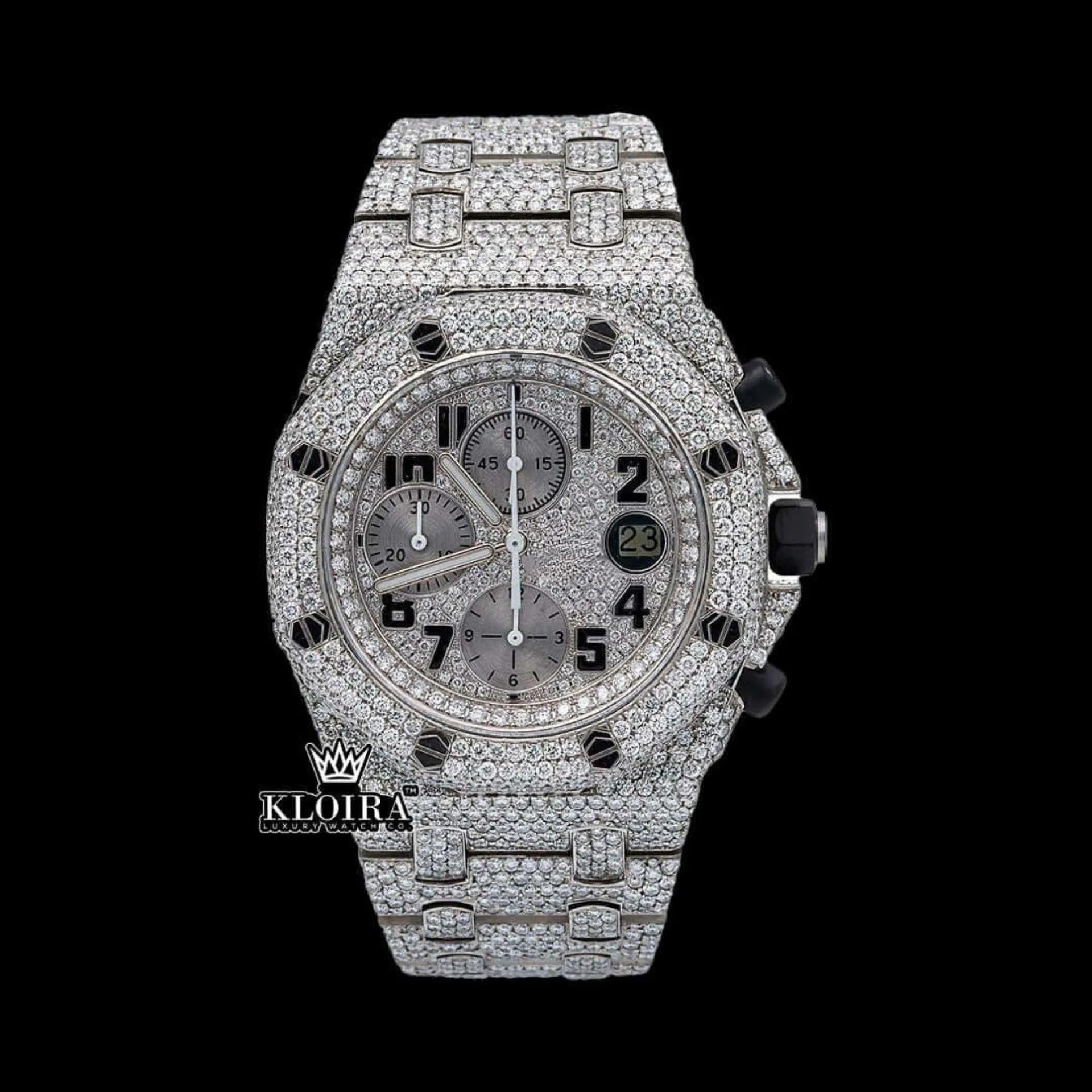 Standard Numerals Silver Chronograph Iced Out Moissanite Diamond Watch Front View