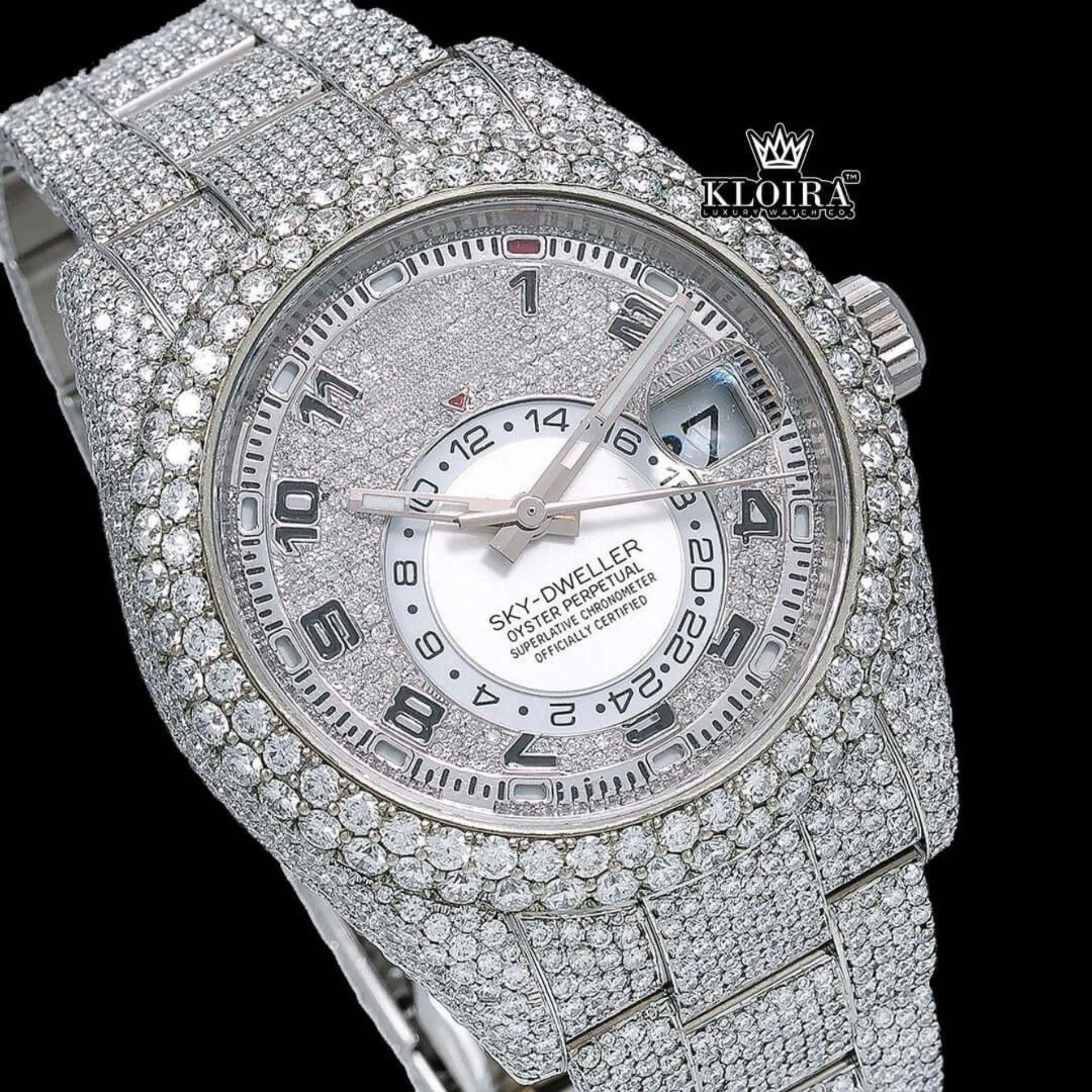 Standard Numerals White Dial Bust Down Moissanite Diamond Watch Close Up Dial View