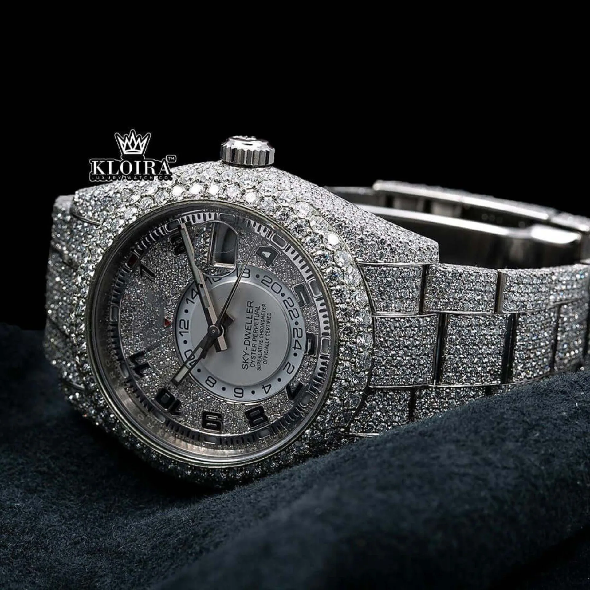 Standard Numerals White Dial Bust Down Moissanite Diamond Watch Close Up Front View
